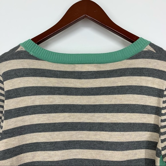 Olive & Oak Wide Striped Soft Preppy Fitted Scoop Neck Sweater Gray Cream Green - Picture 7 of 13